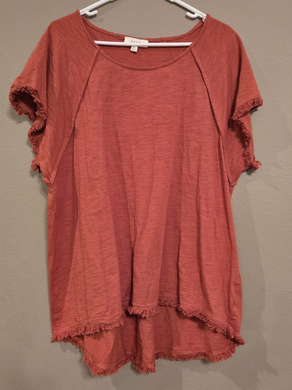 Umgee Orange Terracotta Short Sleeve Fringe Hem Top